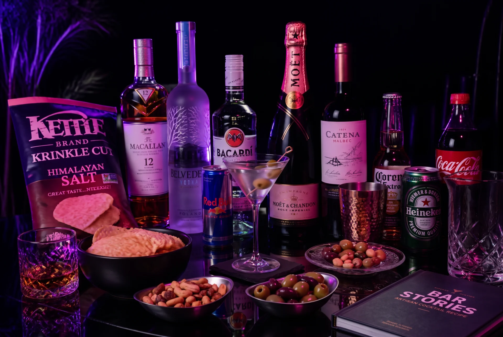 Bouteilles de whisky, vodka, champagne, bières et snacks dans une ambiance nocturne néon